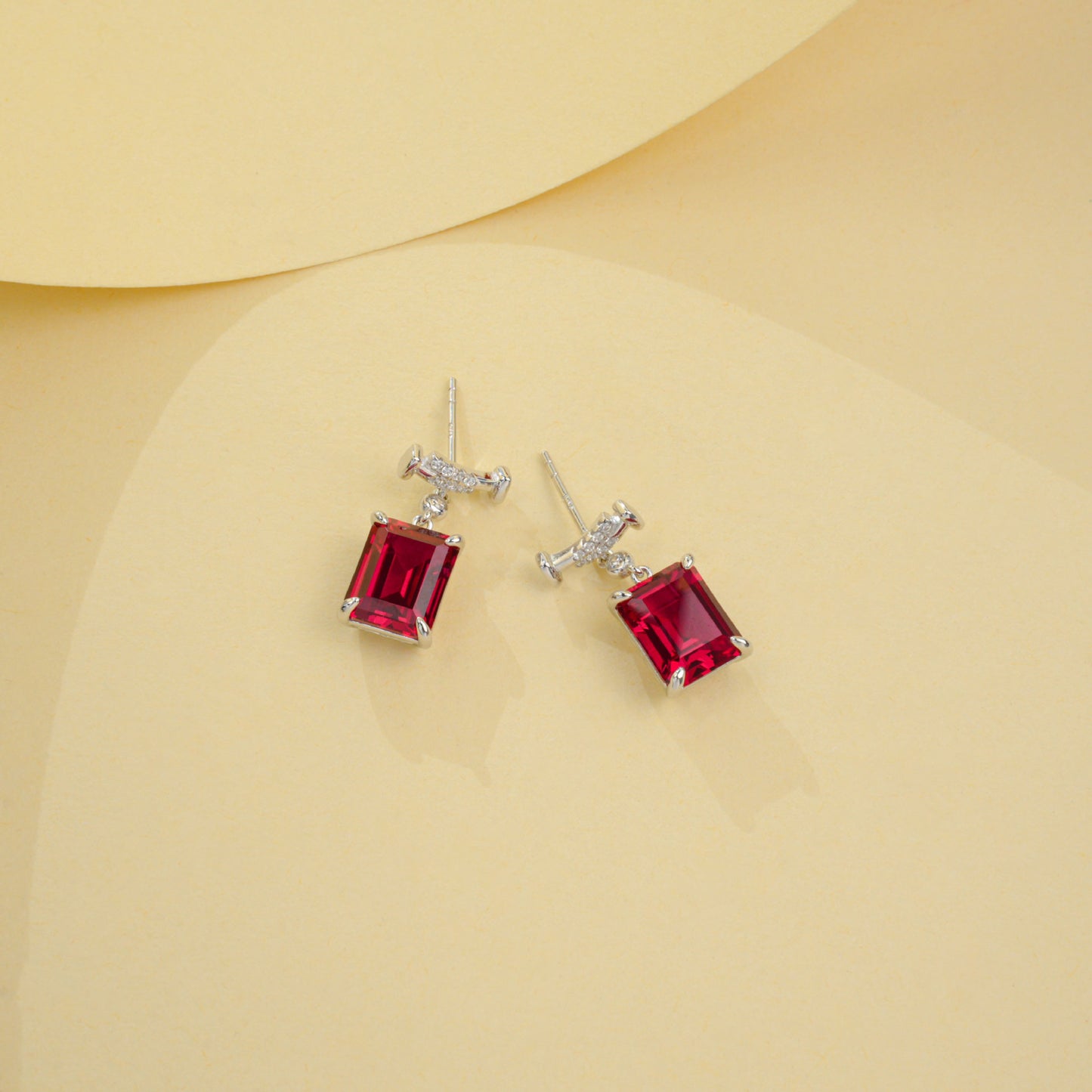 S925 Sterling Silver Lab Ruby Rectangular Earrings, Premium - Photo 2