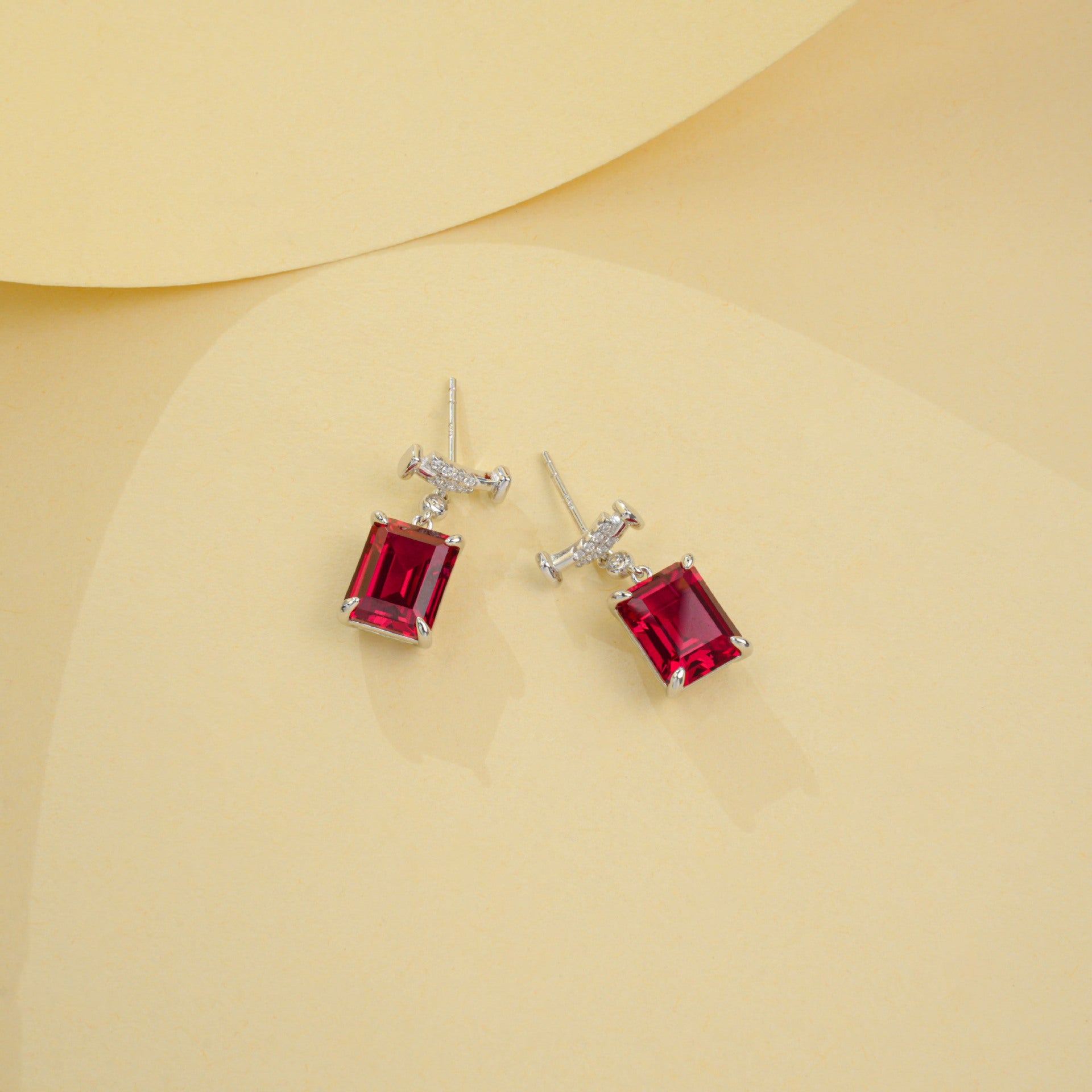 S925 Sterling Silver Lab Ruby Rectangular Earrings, Premium - Photo 2