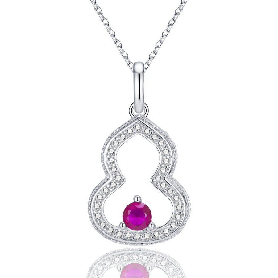 S925 Sterling Silver Lab Ruby Gourd Hollow Pendant Necklace, Chinese Style Versatile - Photo 2