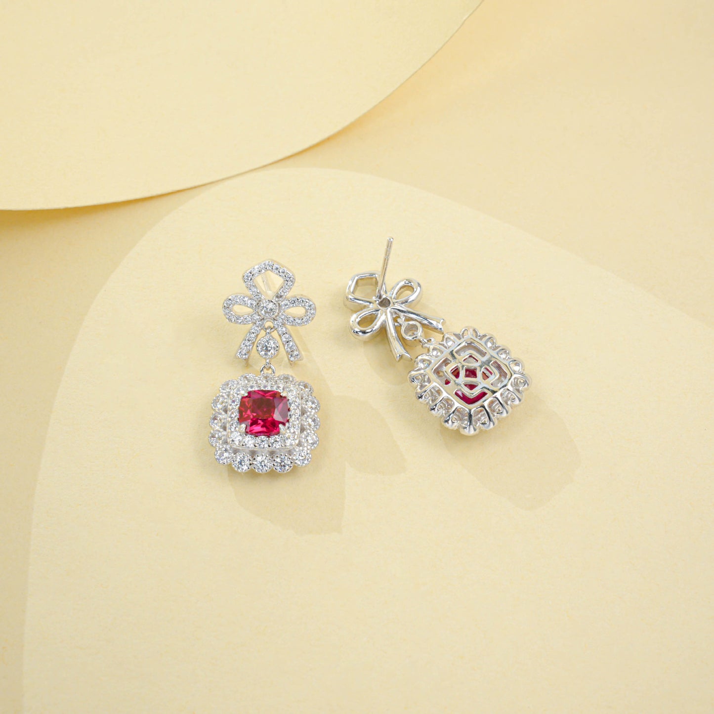 S925 Sterling Silver Lab Ruby French Vintage Bowknot Square Pave Earrings - Photo 4