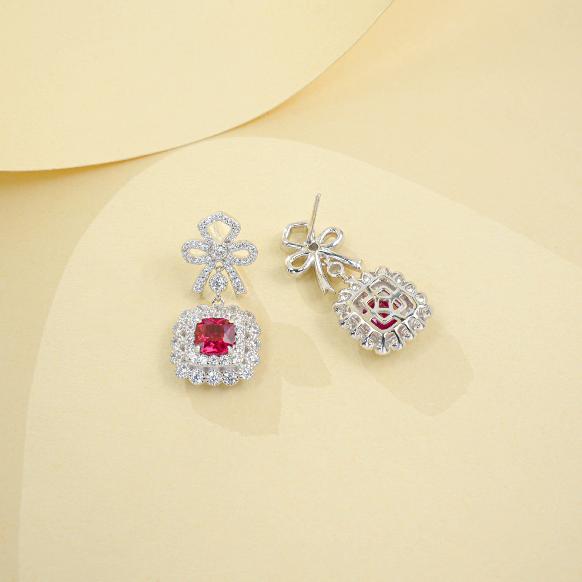 S925 Sterling Silver Lab Ruby French Vintage Bowknot Square Pave Earrings - Photo 4