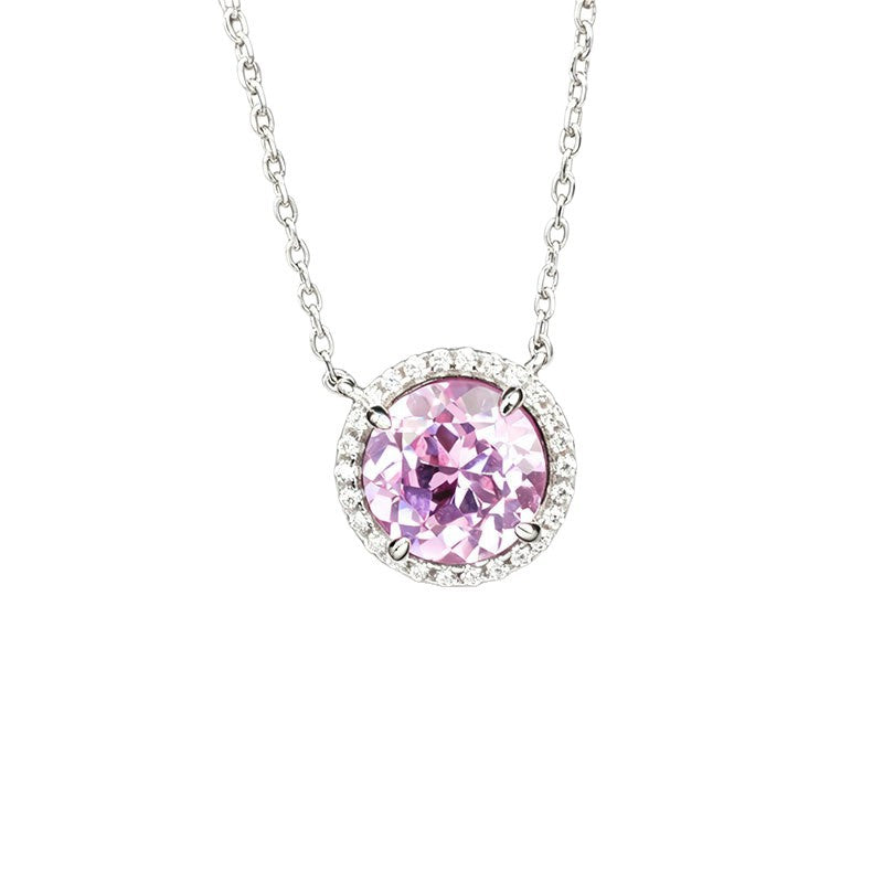 S925 Silver Classic Lab Pink Sapphire Single-Halo Necklace, Gentle Anniversary Gift - Photo 5