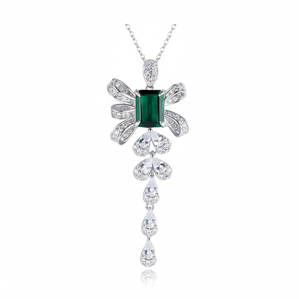 S925 Sterling Silver Lab Emerald Bowknot Tassel Teardrop Necklace, for Women - Photo 1