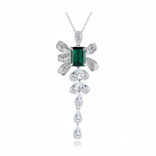 S925 Sterling Silver Lab Emerald Bowknot Tassel Teardrop Necklace, for Women - Photo 1