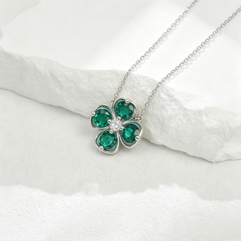 Lucky Four-Leaf Clover Emerald Silver Necklace, Versatile Birthday Valentines - Photo 4