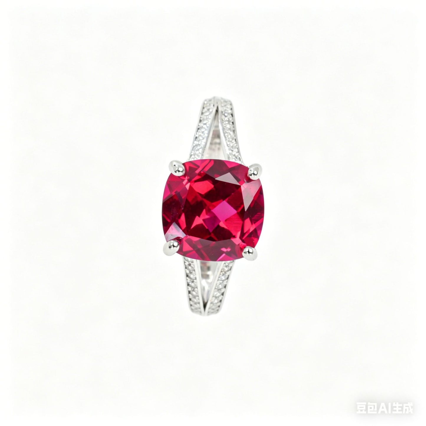 S925 Sterling Silver Lab Ruby Cushion Pave Ring, for Women - Photo 5