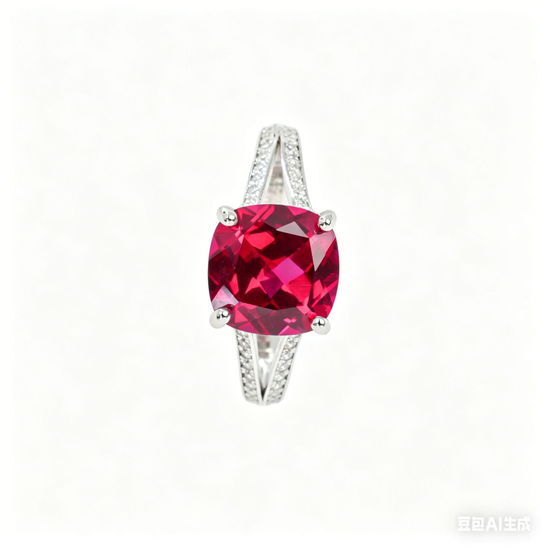S925 Sterling Silver Lab Ruby Cushion Pave Ring, for Women - Photo 5
