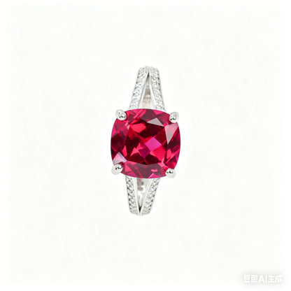 S925 Sterling Silver Lab Ruby Cushion Pave Ring, for Women - Photo 5