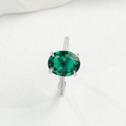 S925 Sterling Silver Lab Emerald Oval Four-Prong Ring, for Women - Photo 5