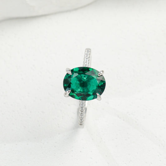 S925 Sterling Silver Lab Emerald Oval Four-Prong Ring, for Women - Photo 5