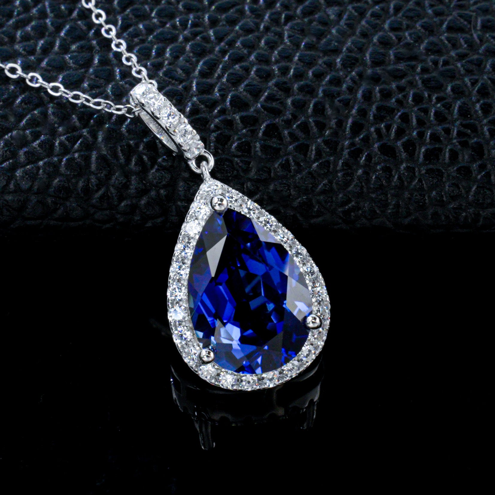 S925 Silver Teardrop Lab Sapphire Halo Evening Pendant Necklace, Birthday Anniversary Gift - Photo 6