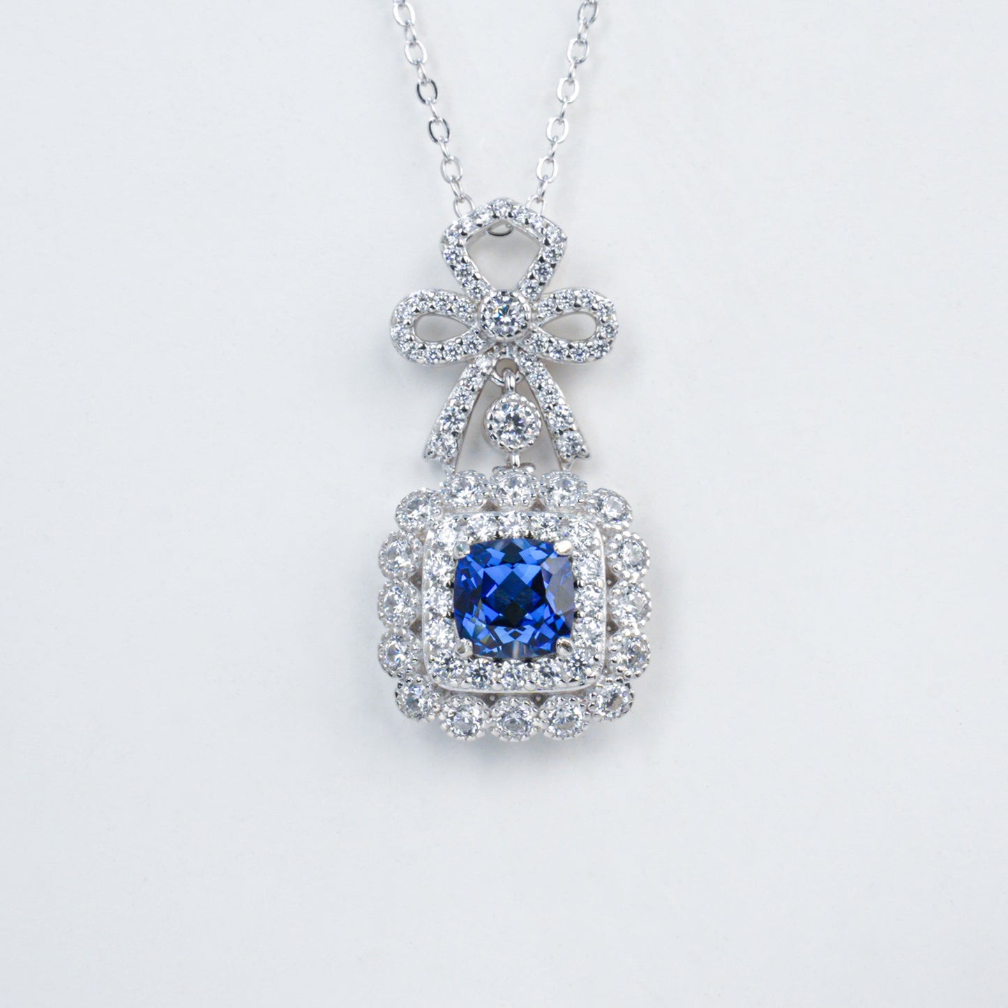 S925 Sterling Silver Lab Sapphire Bowknot Square Pave Choker Necklace, Premium for Women - Photo 5