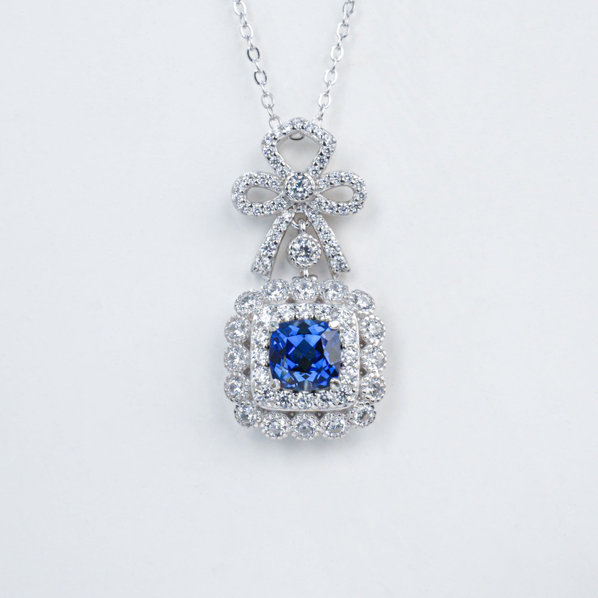 S925 Sterling Silver Lab Sapphire Bowknot Square Pave Choker Necklace, Premium for Women - Photo 5