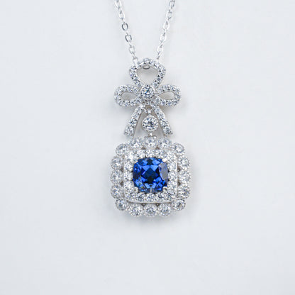 S925 Sterling Silver Lab Sapphire Bowknot Square Pave Choker Necklace, Premium for Women - Photo 5