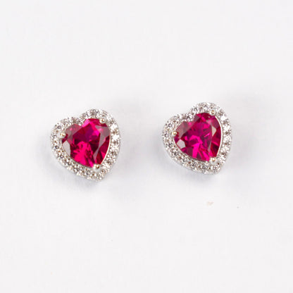 S925 Sterling Silver Lab Ruby Heart Halo Earrings, Date Versatile - Photo 5