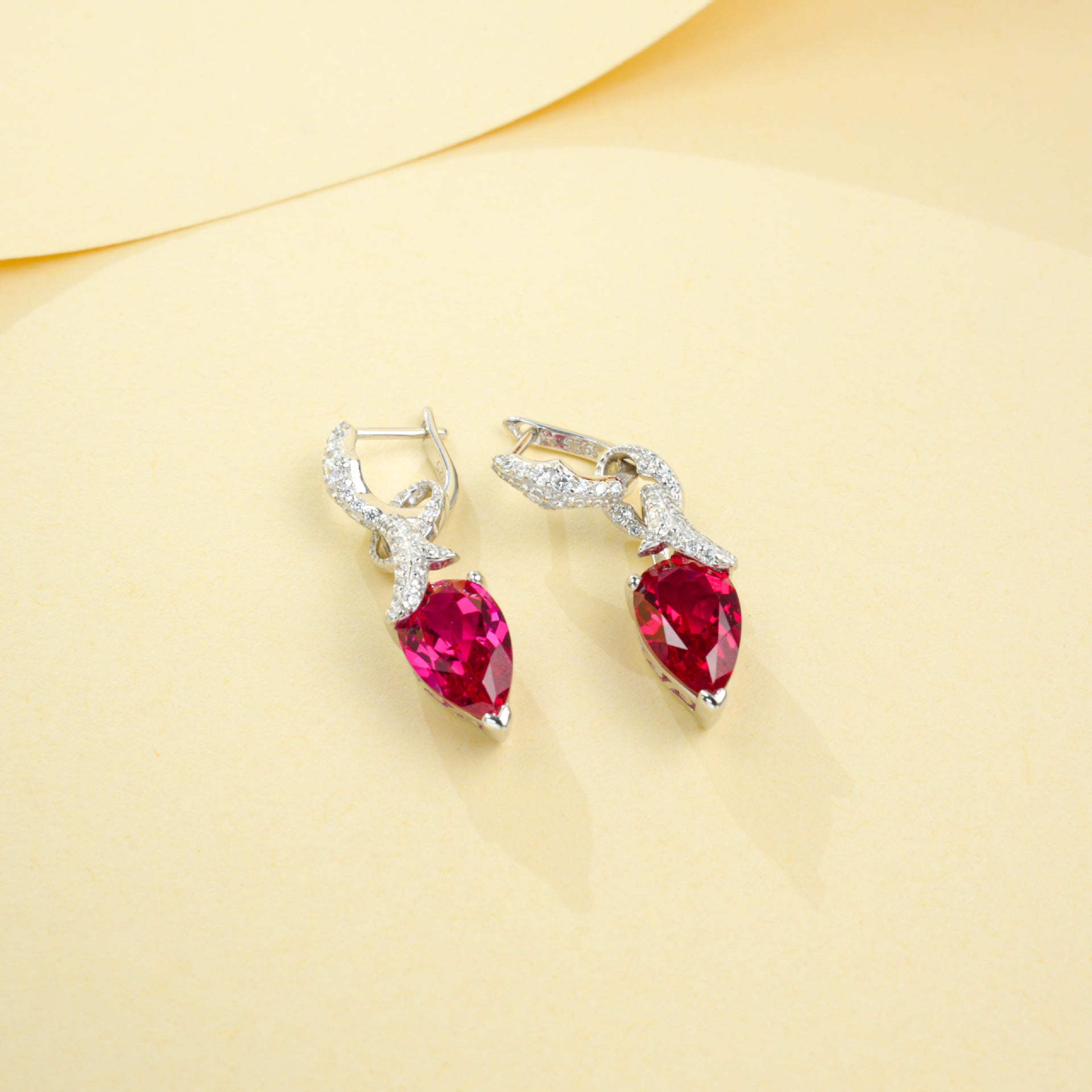 S925 Sterling Silver Lab Ruby Stud Earrings, Princess Versatile for Women - Photo 3