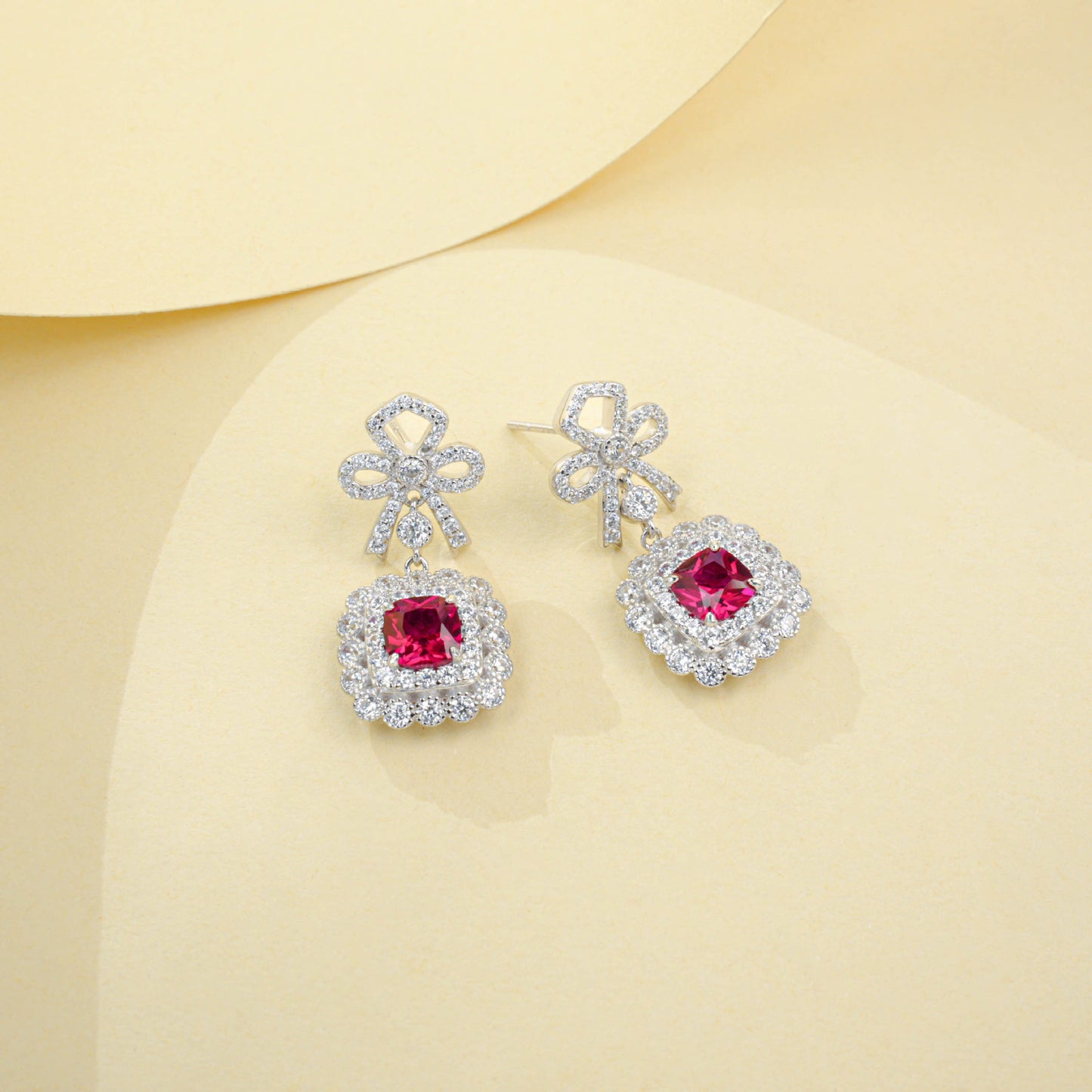 S925 Sterling Silver Lab Ruby French Vintage Bowknot Square Pave Earrings - Photo 2