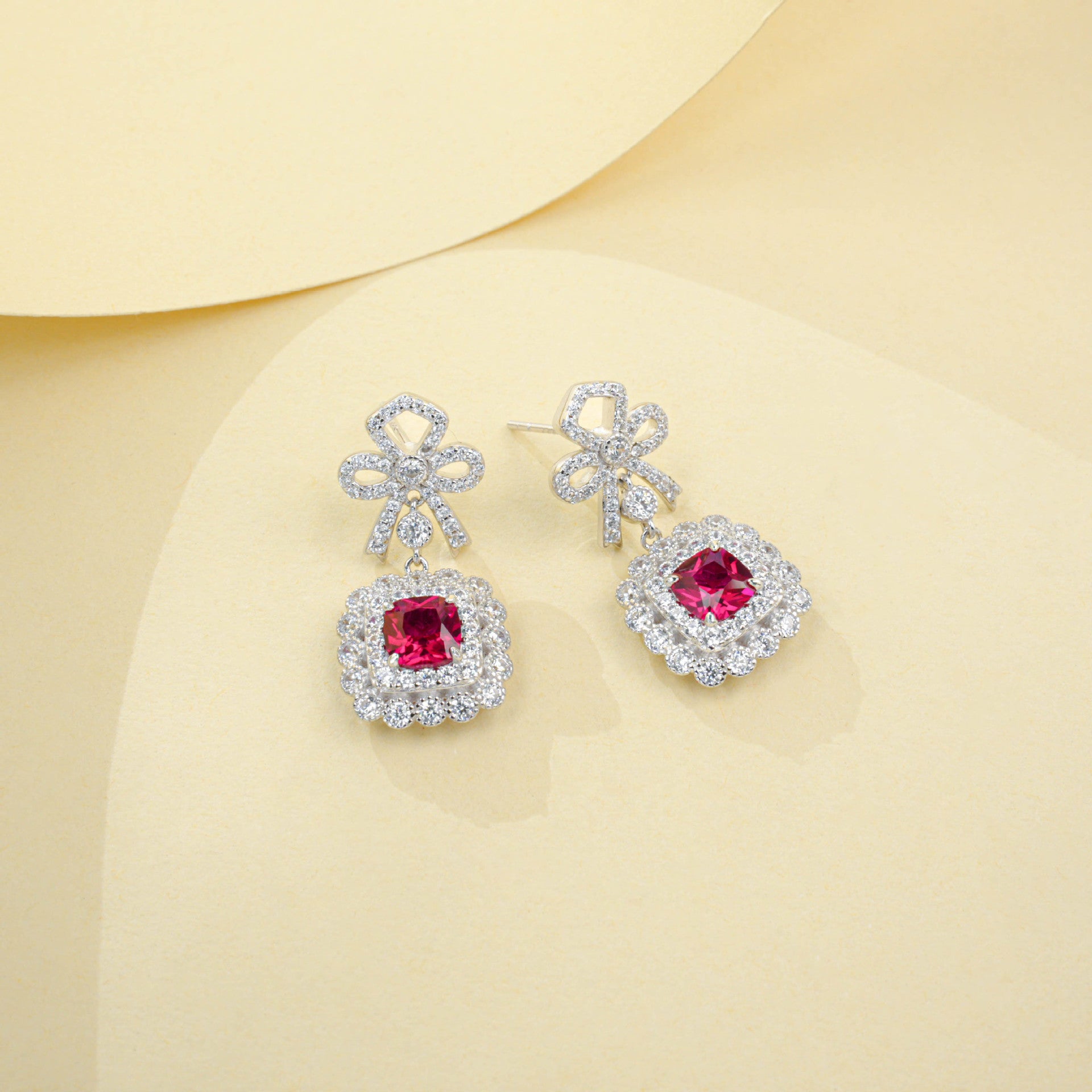 S925 Sterling Silver Lab Ruby French Vintage Bowknot Square Pave Earrings - Photo 2
