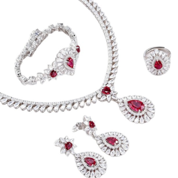 S925 Sterling Silver Lab Pigeon Blood Ruby Teardrop Jewellery Set, Luxurious Premium - Photo 5