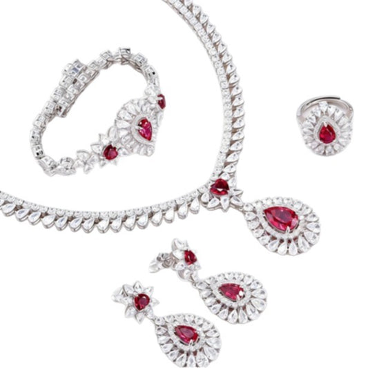 S925 Sterling Silver Lab Pigeon Blood Ruby Teardrop Jewellery Set, Luxurious Premium - Photo 5