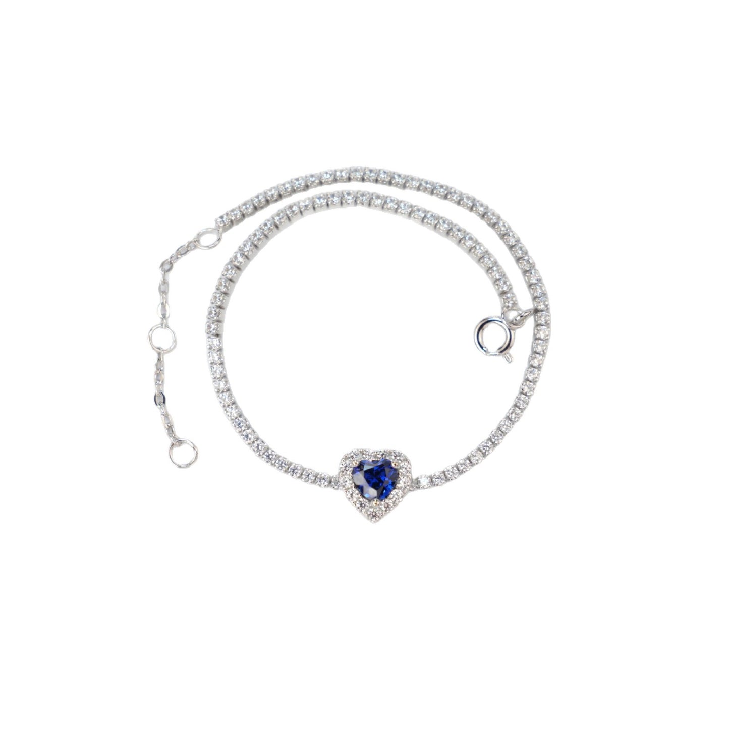 S925 Sterling Silver Lab Sapphire Heart Adjustable Bracelet for Women, Designer - Photo 5