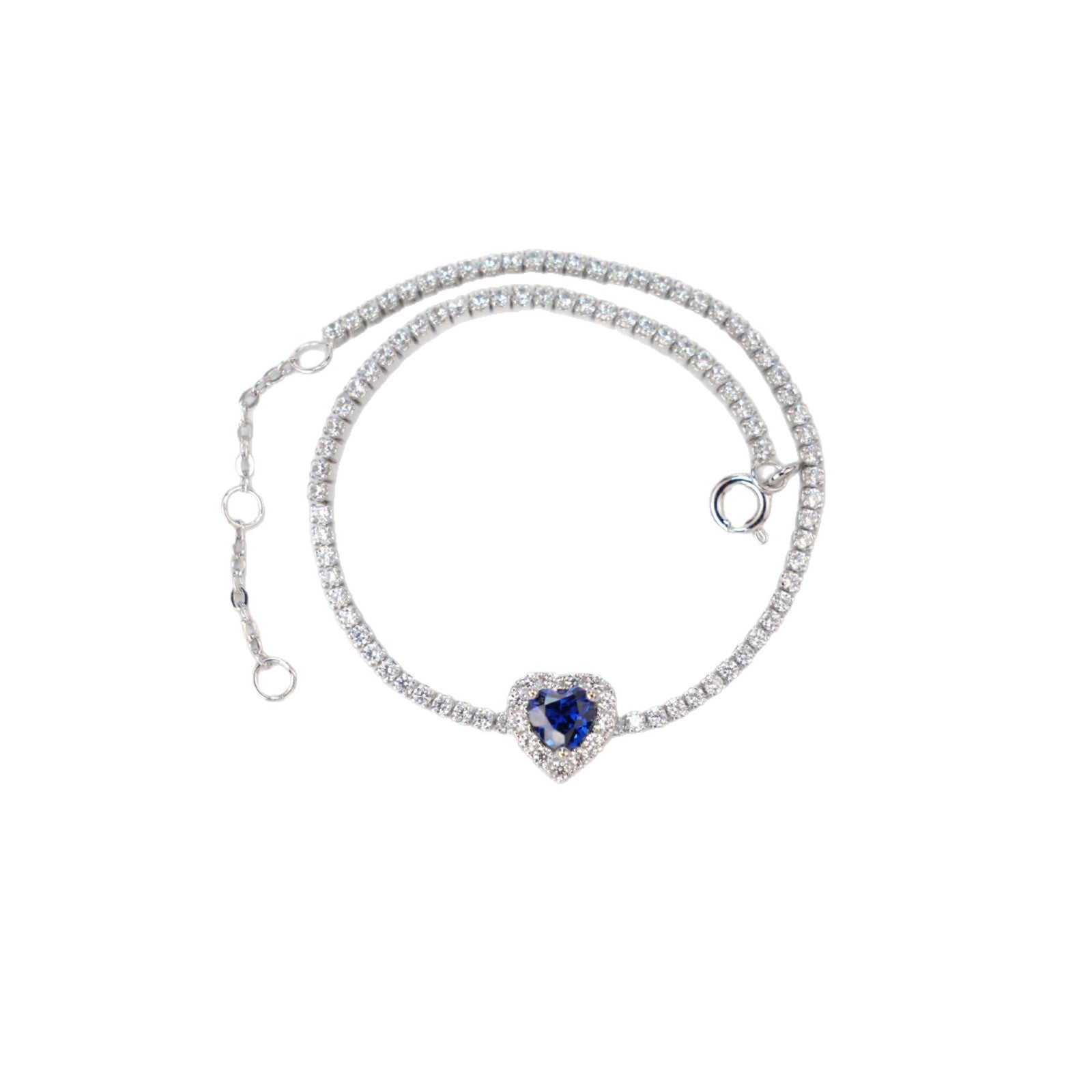 S925 Sterling Silver Lab Sapphire Heart Adjustable Bracelet for Women, Designer - Photo 5