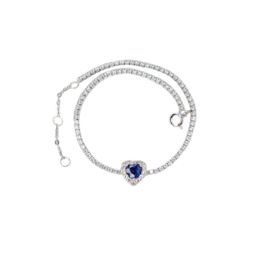 S925 Sterling Silver Lab Sapphire Heart Adjustable Bracelet for Women, Designer - Photo 5