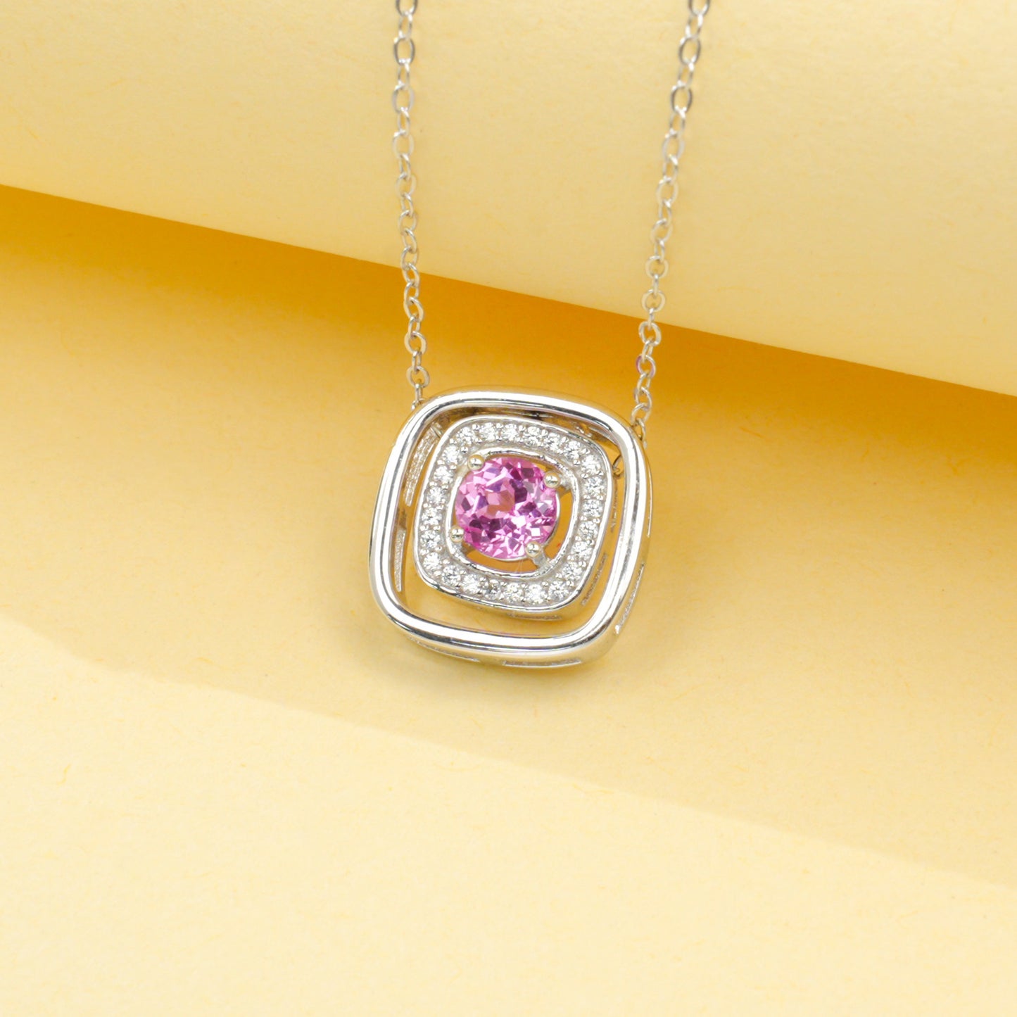 925 Sterling Silver Lab Padparadscha Square Pave Choker Necklace, Gentle - Photo 1