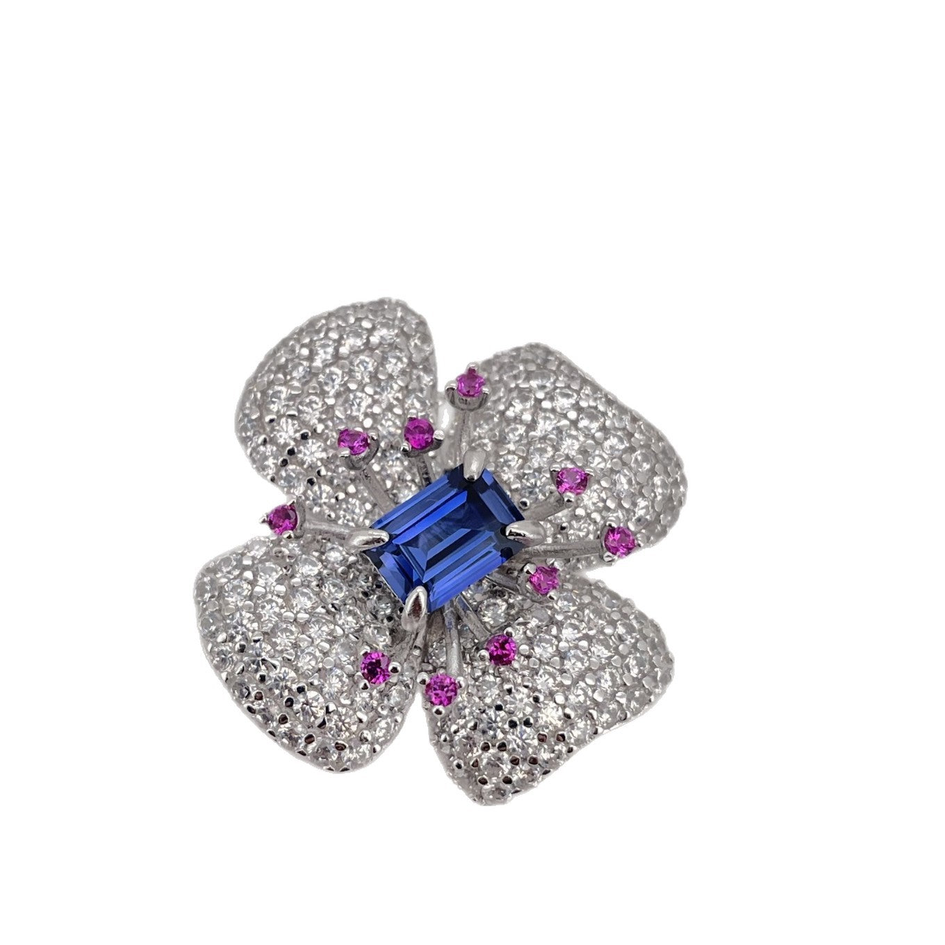 S925 Sterling Silver Lab Sapphire 3D Flower Necklace, French Premium - Photo 5