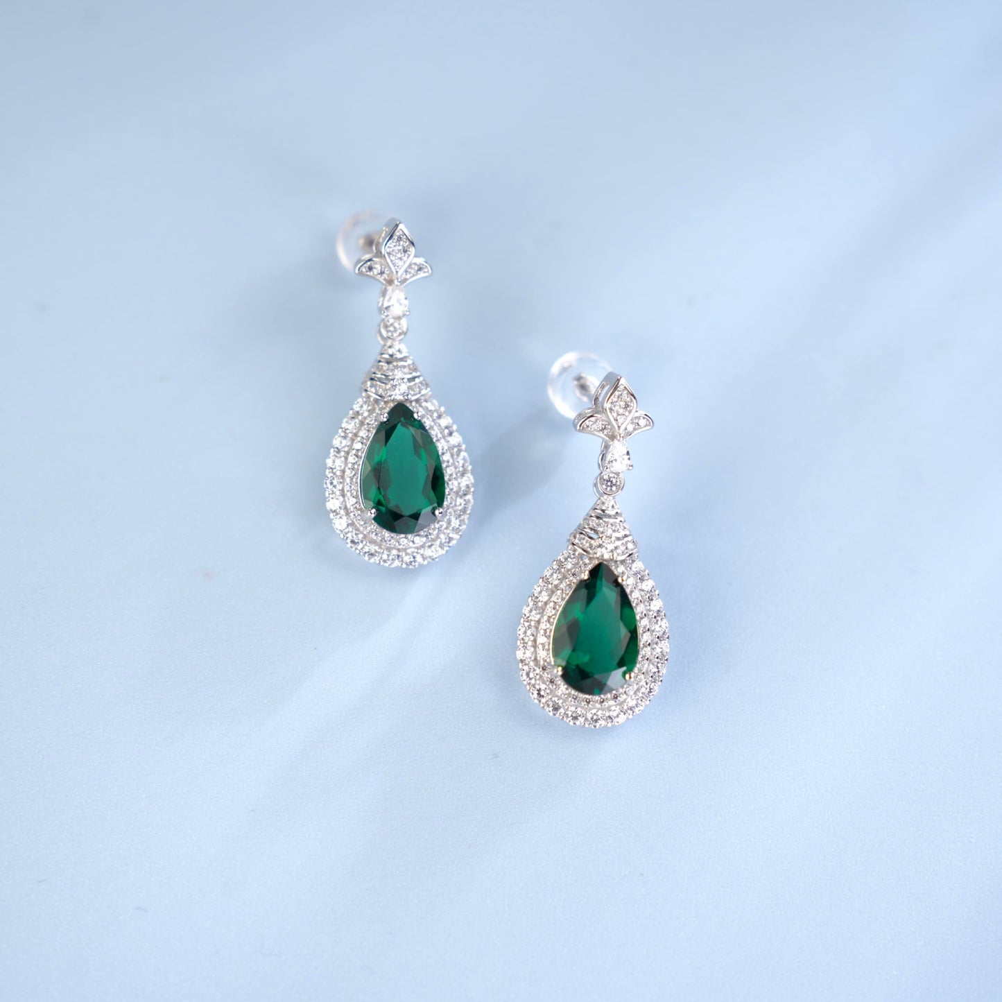 S925 Sterling Silver Lab Emerald Stud Earrings, Teardrop Sparkling Diamond - Photo 3