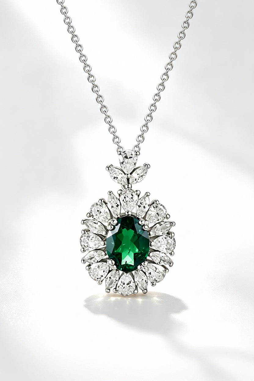 S925 Sterling Silver Oval Emerald Pendant Necklace Halo, Versatile Premium - Photo 1
