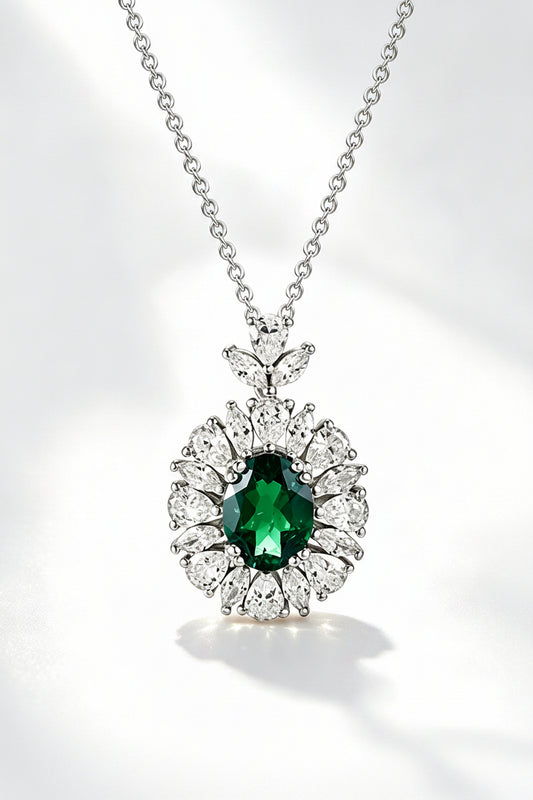 S925 Sterling Silver Oval Emerald Pendant Necklace Halo, Versatile Premium - Photo 1