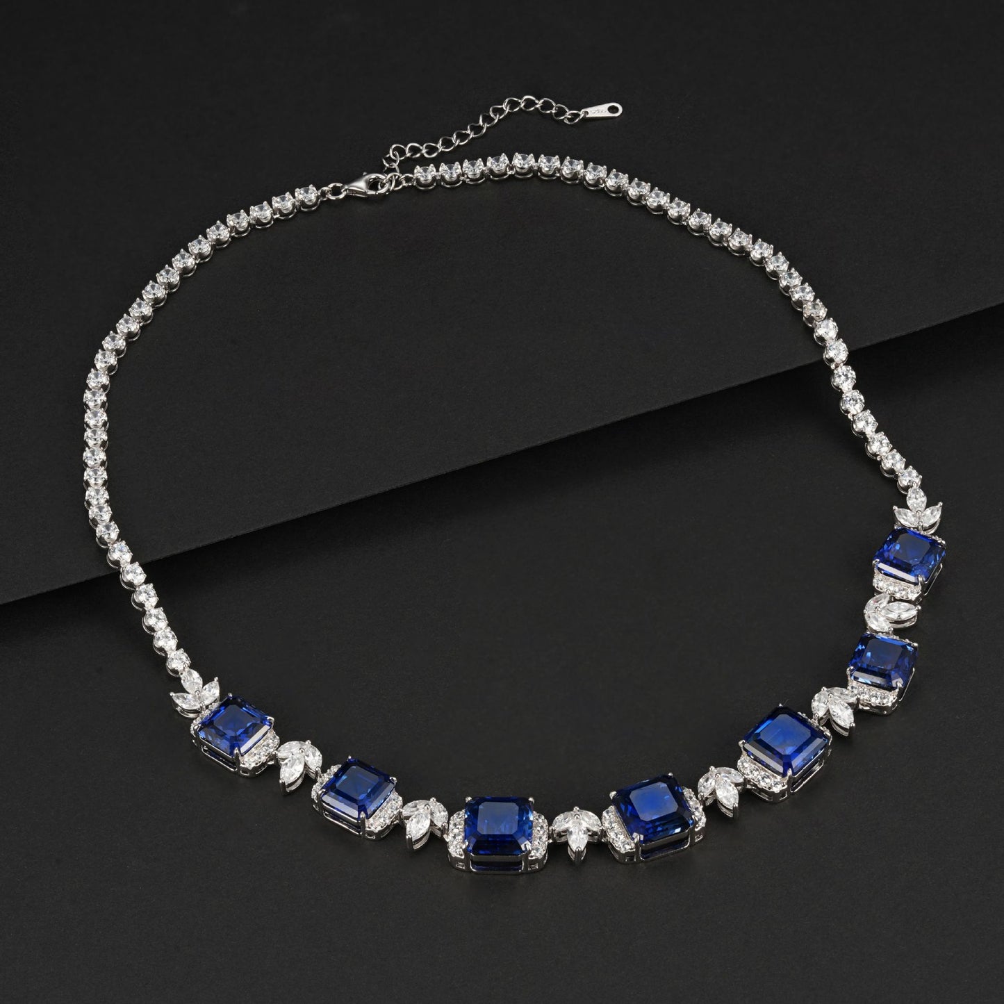 925 Sterling Silver Lab Sapphire Square Leaf Choker Necklace, Premium Wedding - Photo 2