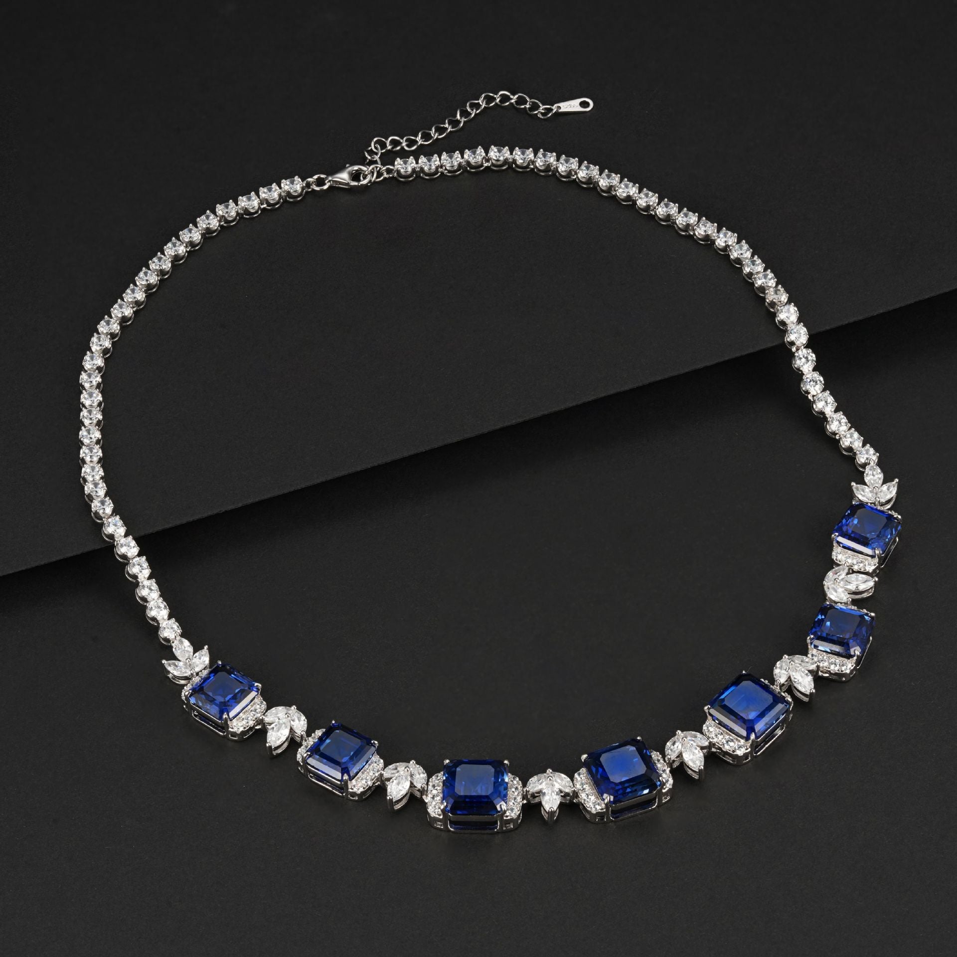 925 Sterling Silver Lab Sapphire Square Leaf Choker Necklace, Premium Wedding - Photo 2