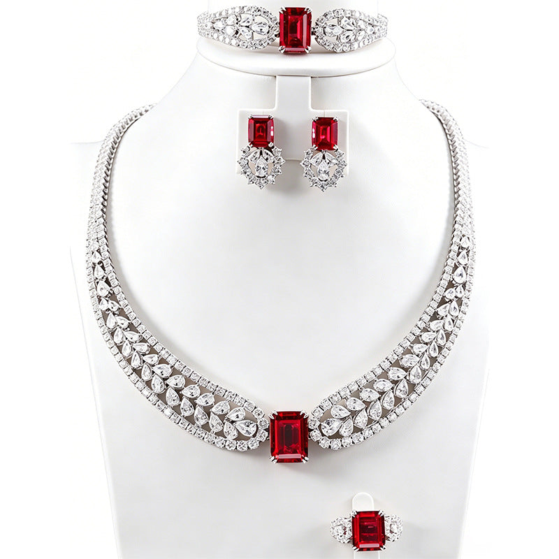 S925 Sterling Silver Lab Pigeon Blood Ruby Set Emerald-Cut, Bride Wedding Accessory - Photo 4