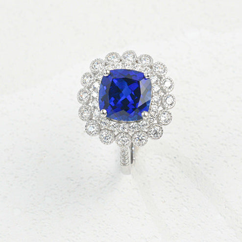 S925 Sterling Silver Lab Sapphire Cushion Halo Ring, Valentine Birthday Gift for Girlfriend - Photo 1