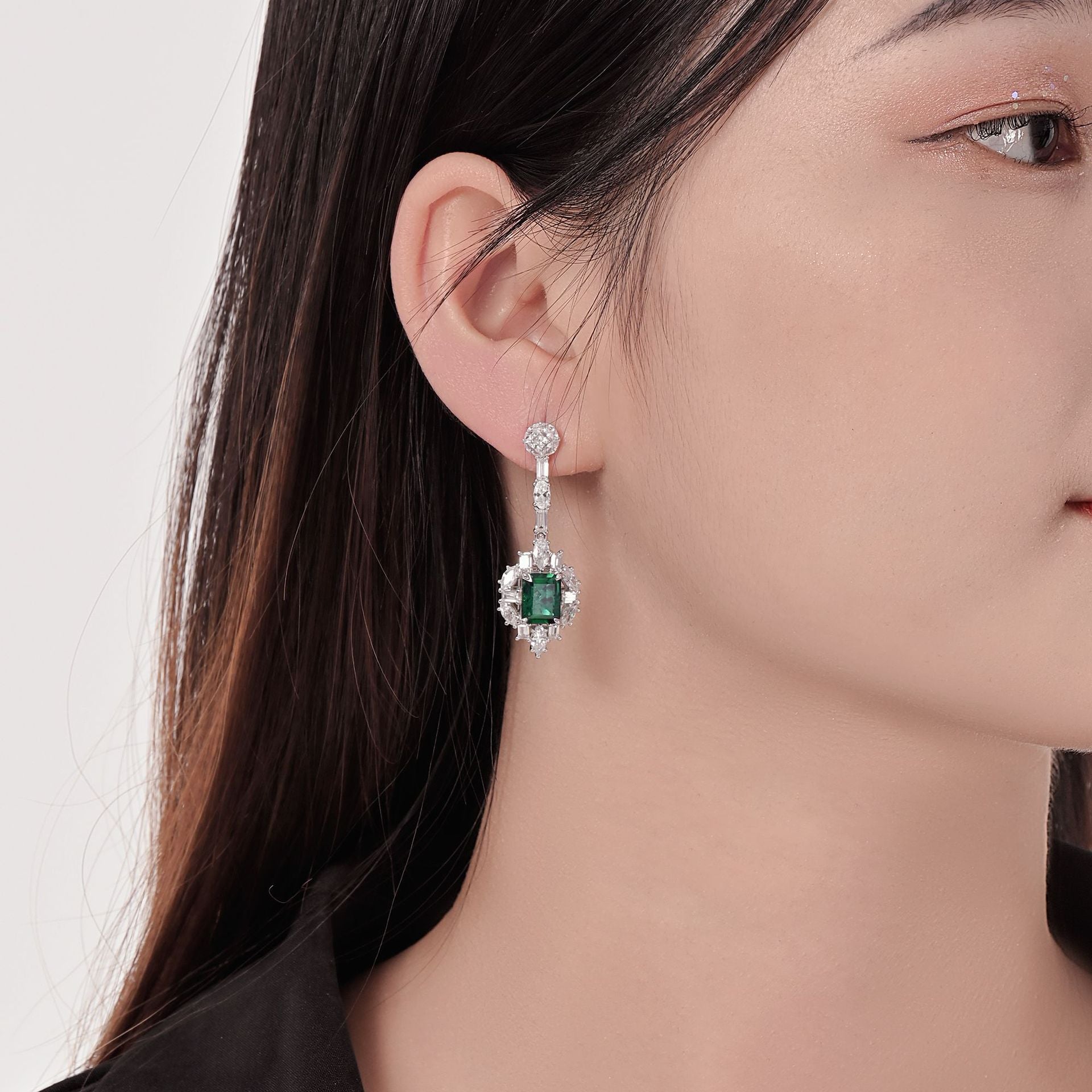 S925 Sterling Silver Lab Emerald Drop Earrings, Full Diamond Emerald - Photo 3