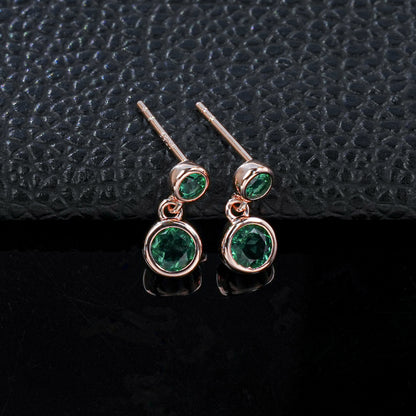 S925 Silver Double-Layer Lab Emerald Stud Earrings, Double Round Simple - Photo 2