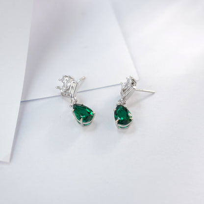 S925 Silver Crown Teardrop Lab Emerald Stud Earrings, Diamond Long Drop - Photo 2