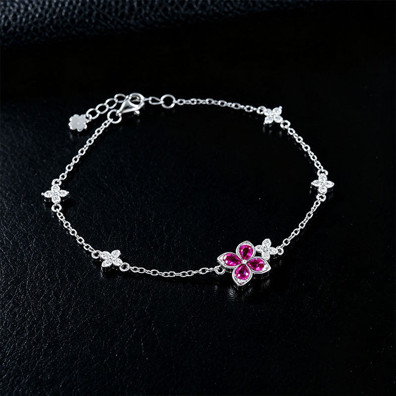 S925 Silver Four-Leaf Clover Lab Ruby Bracelet, Full Diamond Flower - Photo 3
