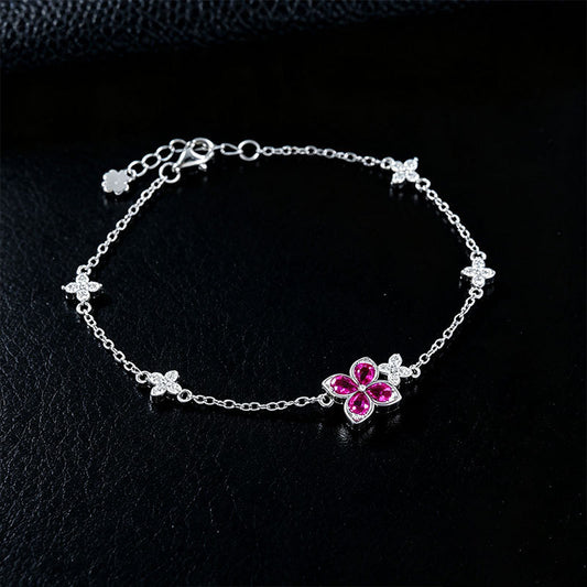 S925 Silver Four-Leaf Clover Lab Ruby Bracelet, Full Diamond Flower - Photo 3