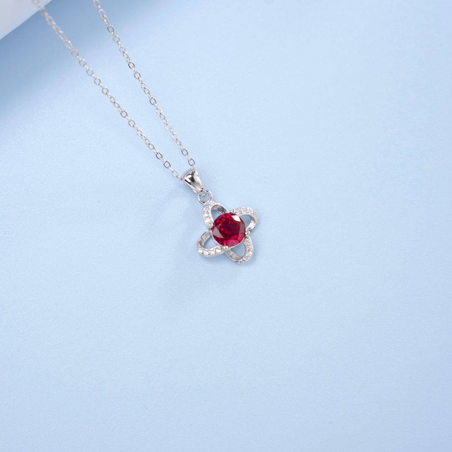 S925 Sterling Silver Lab Ruby Four-Leaf Clover Pendant Choker Necklace, Girlfriend Gift - Photo 3