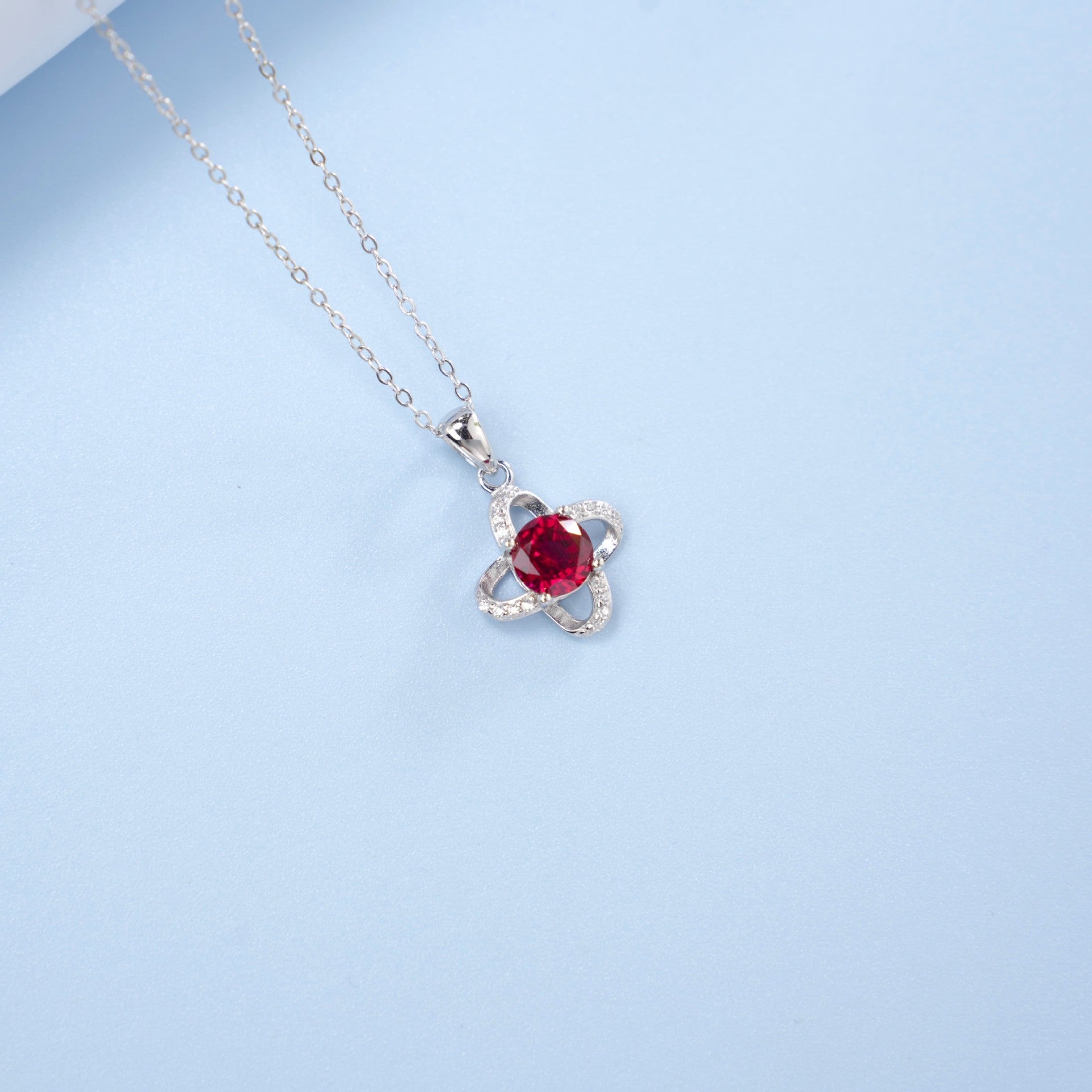 S925 Sterling Silver Lab Ruby Four-Leaf Clover Pendant Choker Necklace, Girlfriend Gift - Photo 3