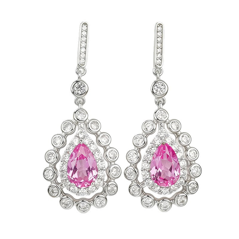 S925 Sterling Silver Lab Paraiba Teardrop Geometric Halo Drop Earrings - Photo 5