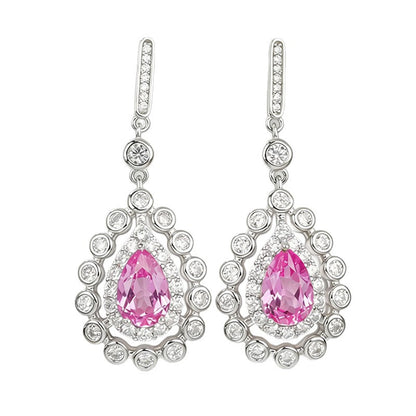 S925 Sterling Silver Lab Paraiba Teardrop Geometric Halo Drop Earrings - Photo 5