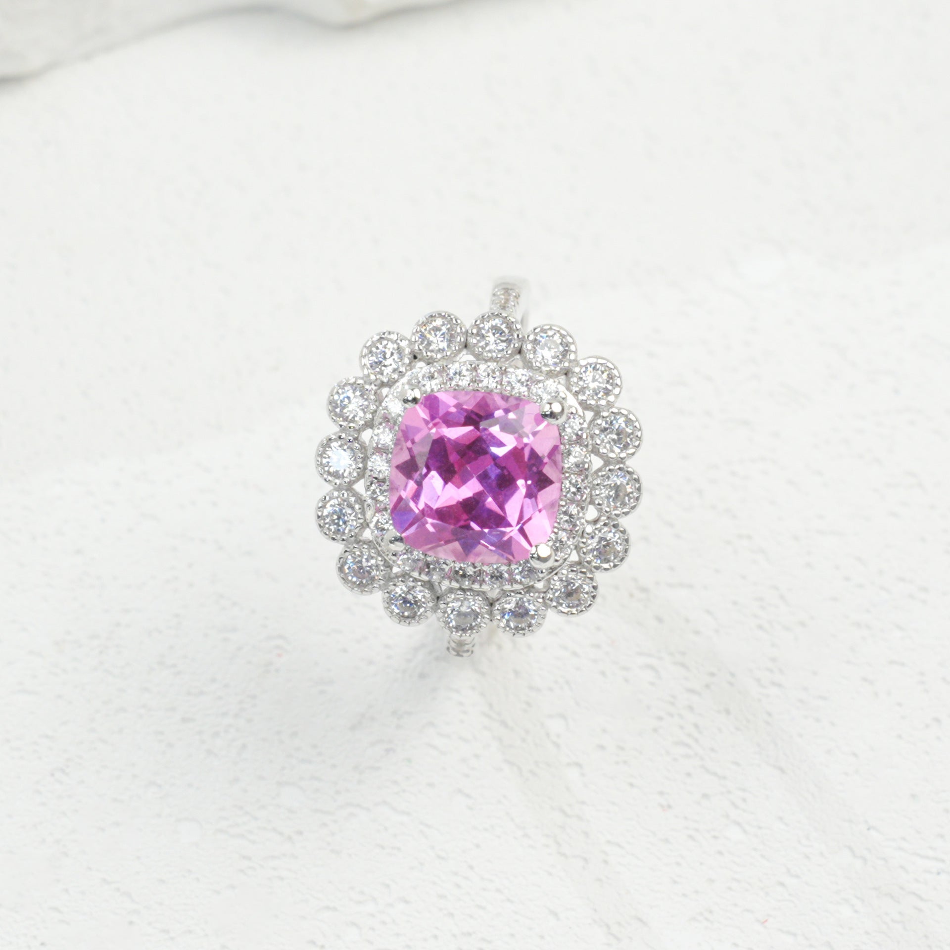 S925 Sterling Silver Lab Padparadscha Sparkly Pave Ring, Elegant for Women - Photo 2