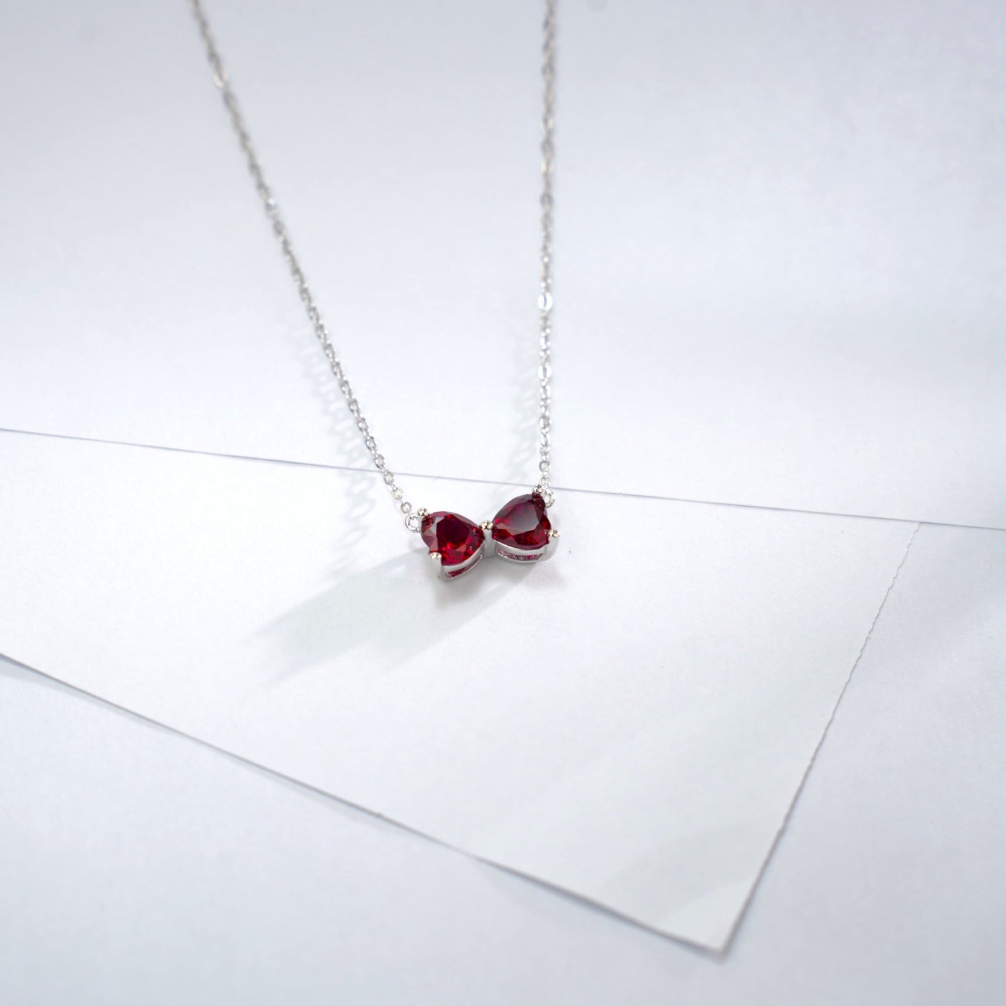 S925 Silver Double Heart Bow Lab Ruby Necklace, Pendant Birthday Gift - Photo 3