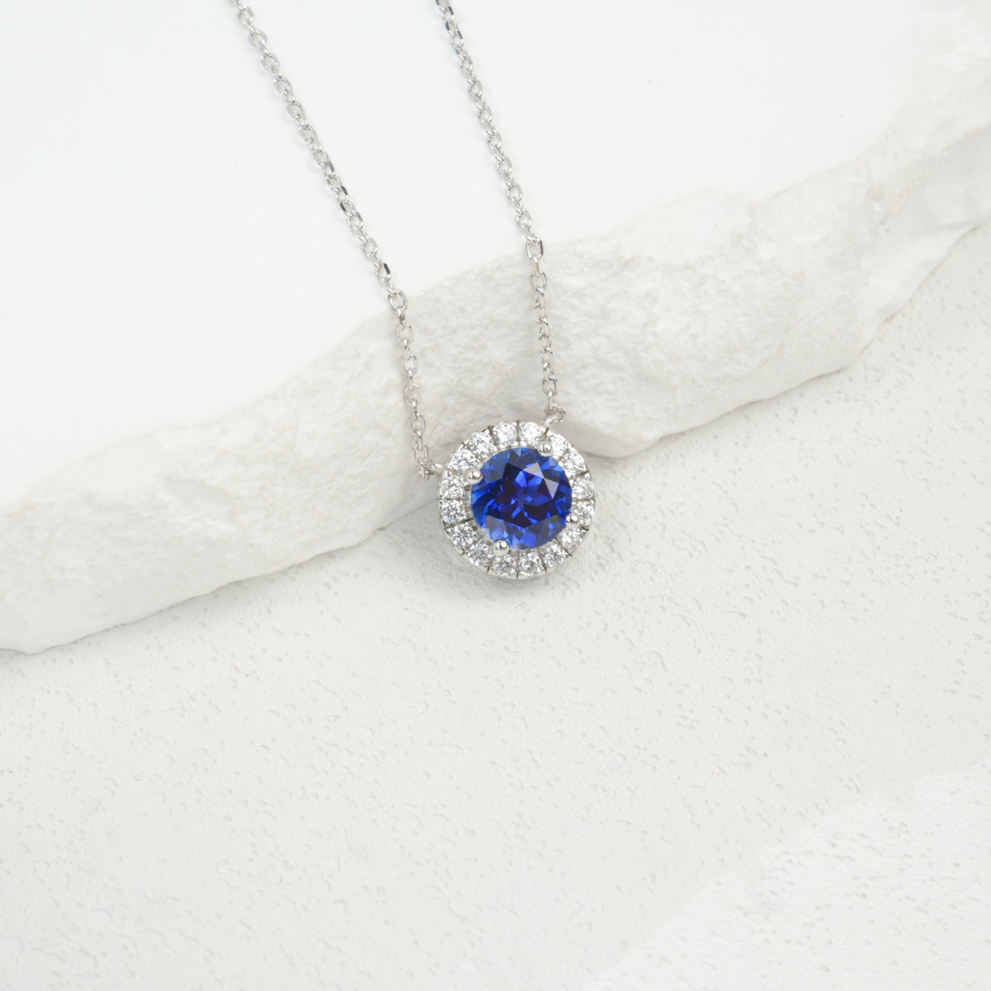 925 Sterling Silver Lab Sapphire Round Halo Pave Necklace, for Women - Photo 3