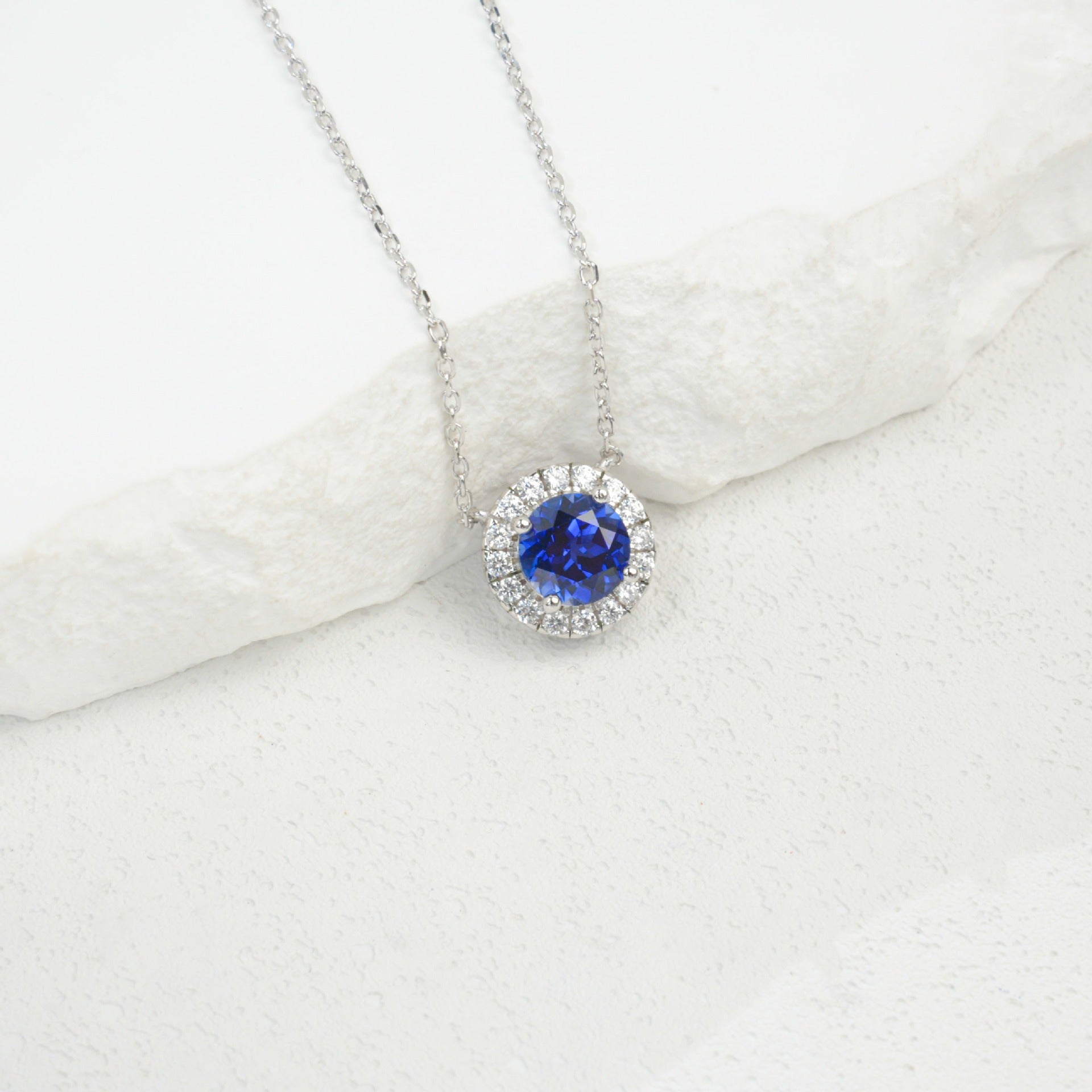 925 Sterling Silver Lab Sapphire Round Halo Pave Necklace, for Women - Photo 3