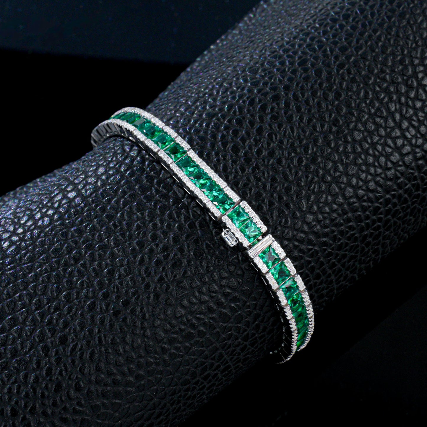 S925 Silver Step-Cut Lab Emerald Double-Side Dense-Set Bracelet, Jewellery - Photo 2